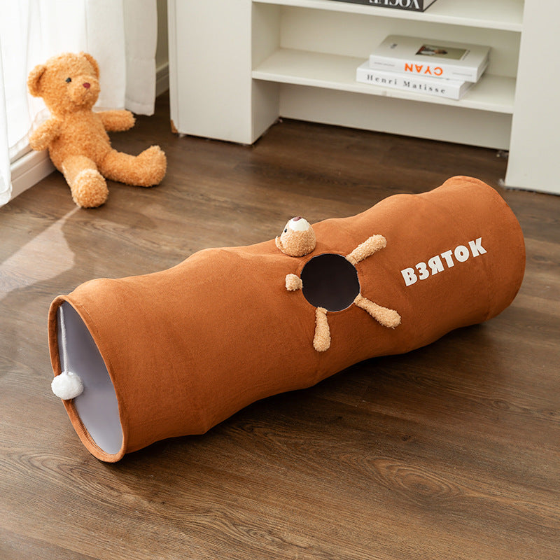 Brown bear Premium Soft Suede Cat Tunnel - Collapsible Play Tube with Peek-a-Boo Hole & Hanging Ball(1.2m)