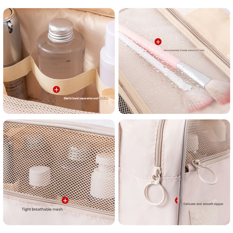 Beige Portable Hanging Travel Toiletry Bag - Large Capacity Cosmetic & Wash Organizer with Sturdy Hook