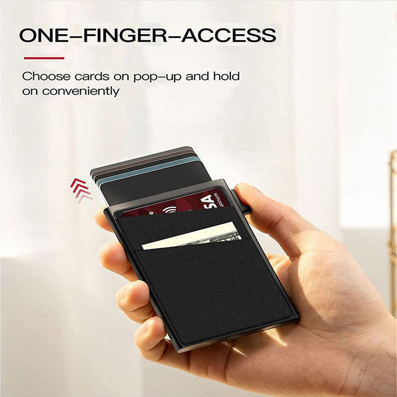 Black Ultra-Slim RFID Blocking Pop-Up Wallet - Automatic Card Holder with Metal Case & Secure Screw Base