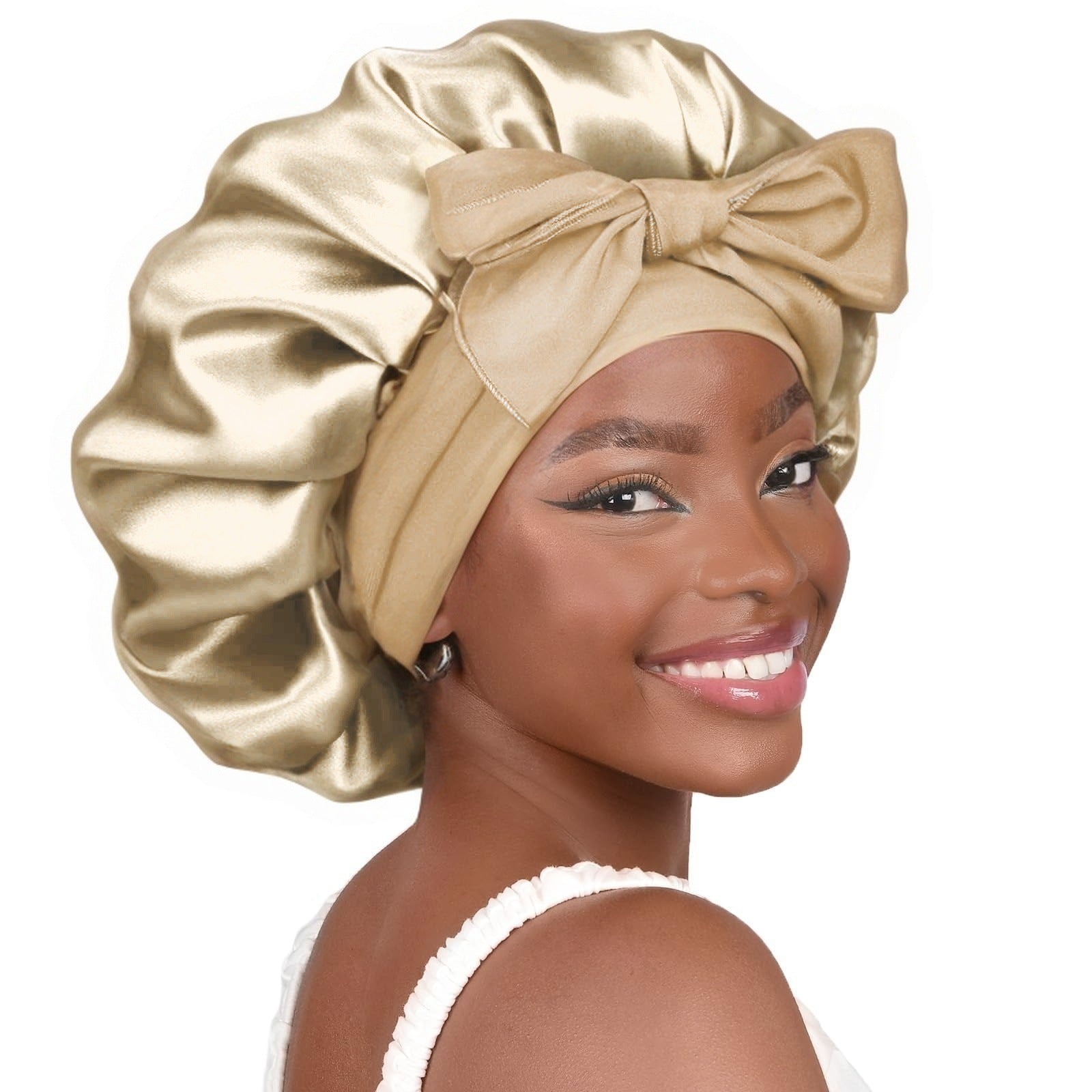 Khaki Luxury Double Layer Satin Bonnet with Bow Tie - Large Hair Protection Sleep Cap for All Hair Types