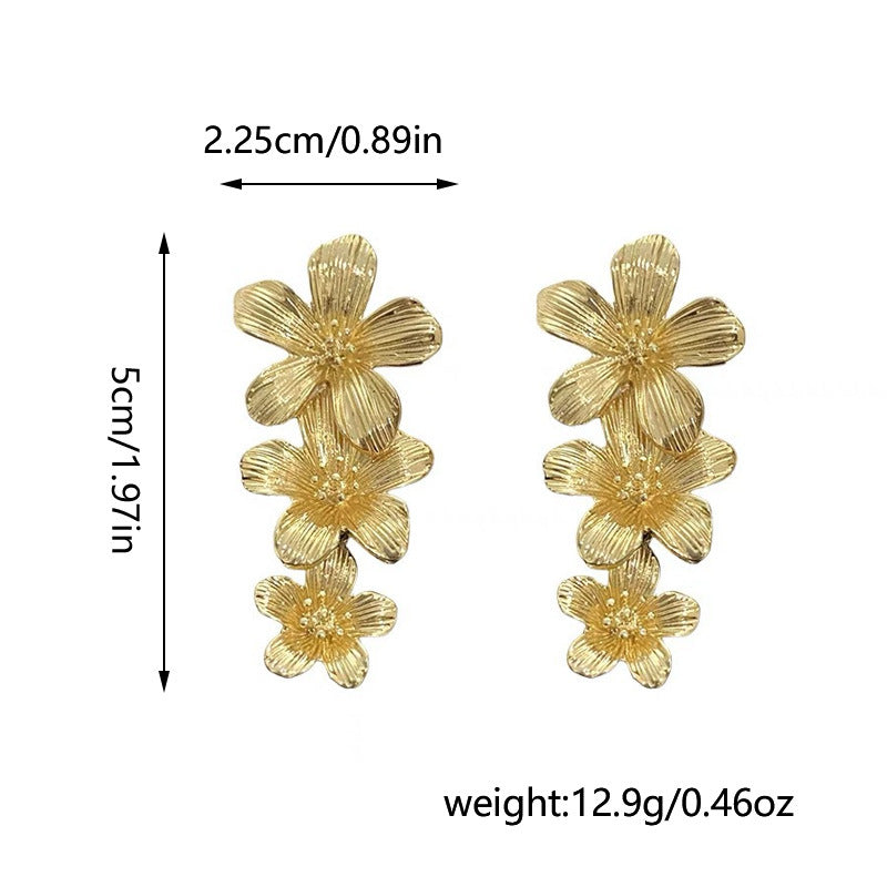 Gold Textured Cascading Floral Statement Drop Earrings for Women