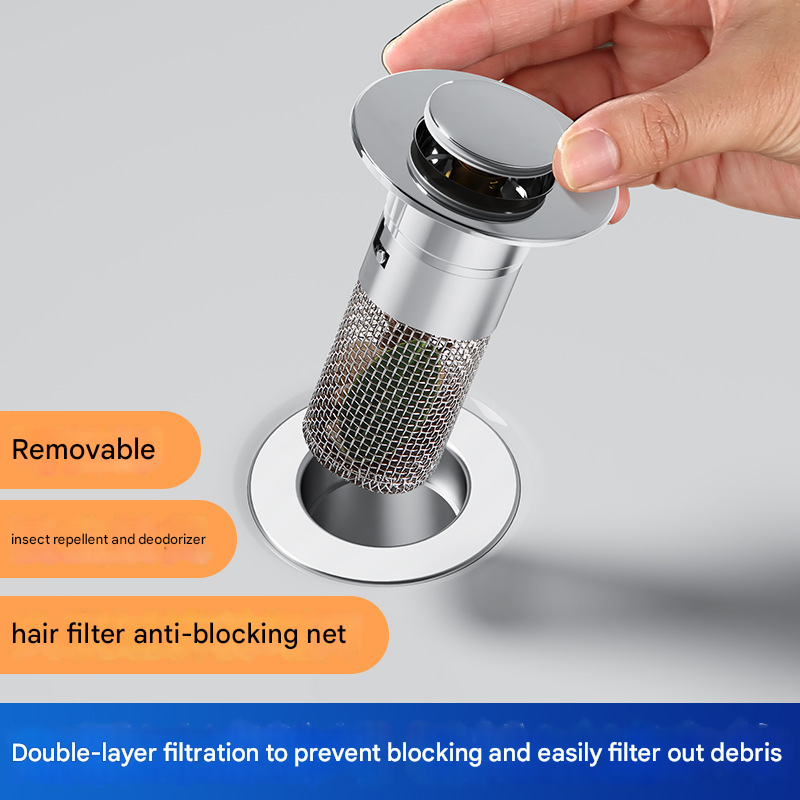 5 PCS Universal Pop-Up Sink Drain Stopper with Anti-Clog Filter Basket - Stainless Steel Hair Catcher & Anti-Odor Plug