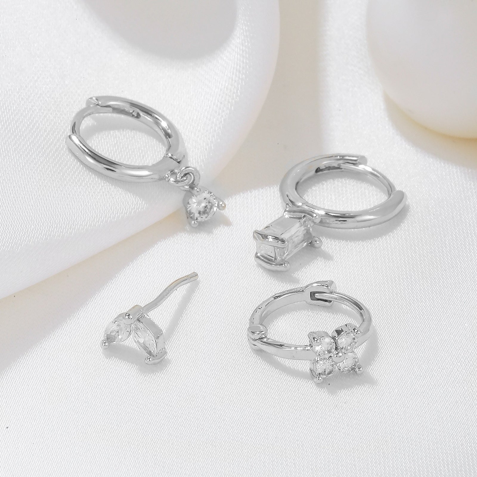 Silver Delicate CZ Earring Stacking Set - Huggie Hoops & Studs for Multiple Piercings