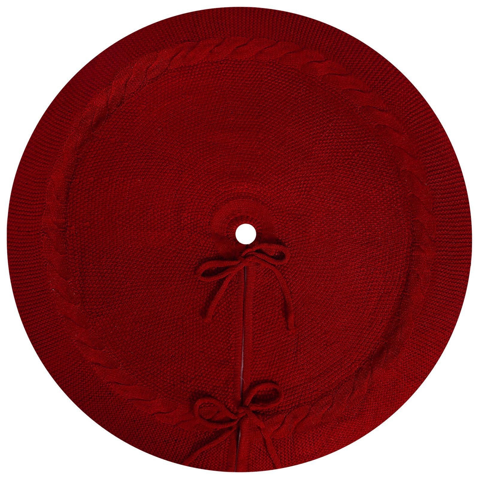 Red Luxury Knit Christmas Tree Skirt with Cable-Knit Border - Rustic Holiday Decor(92cm)