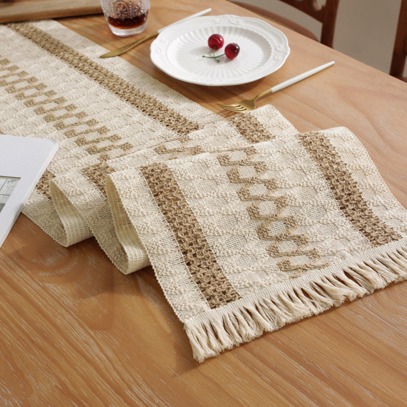2-PCS Double bars Bohemian Woven Table Runner with Tassels - Rustic Farmhouse Decor for Dining & Coffee Tables