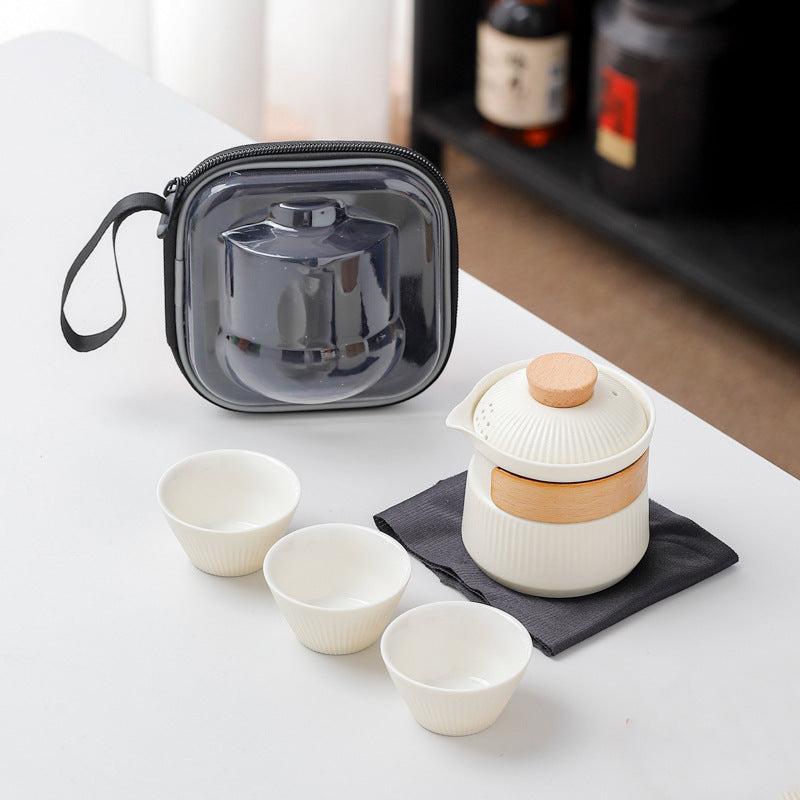 Portable Ceramic Travel Tea Set - One Pot Three Cups with Carrying Case, Elegant Frosted Finish(white)