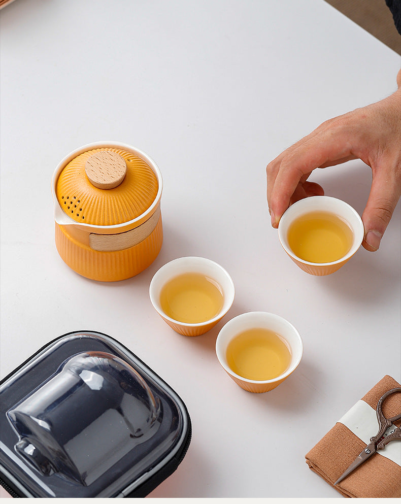 Portable Ceramic Travel Tea Set - One Pot Three Cups with Carrying Case, Elegant Frosted Finish(yellow)
