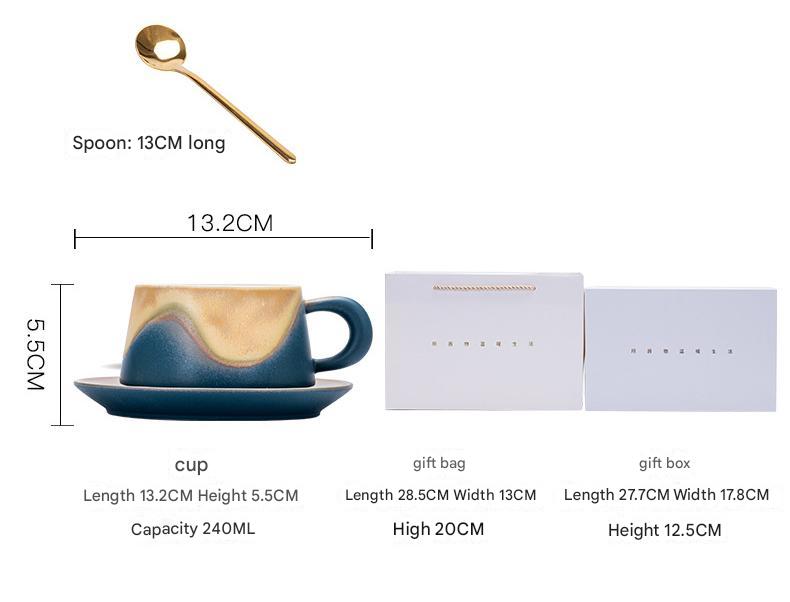 Artistic Ceramic Coffee Cup & Saucer Set with Spoon - Gradient Glaze, 240ml, Gift Boxed(Blue)