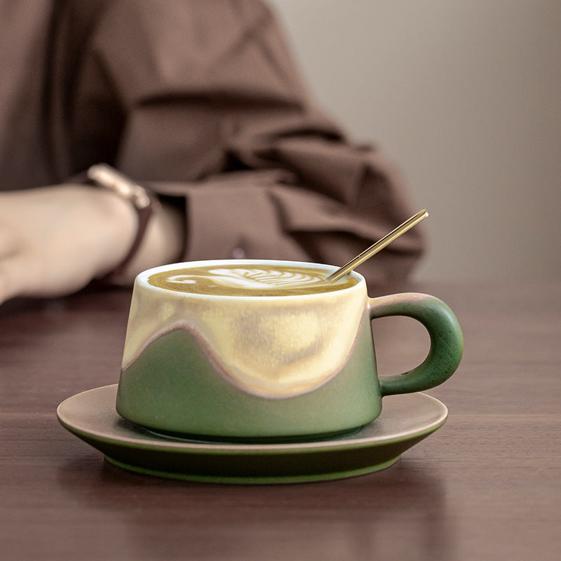 Artistic Ceramic Coffee Cup & Saucer Set with Spoon - Gradient Glaze, 240ml, Gift Boxed(Green)