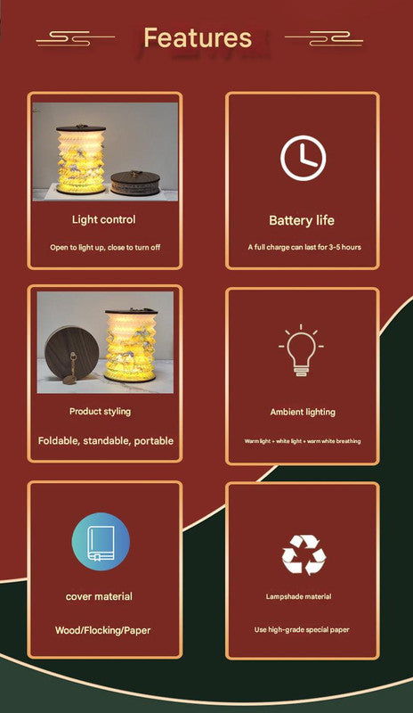 Foldable Telescopic Lantern Lamp - 3 Light Modes, USB Rechargeable, Wood/Paper Finish(white)