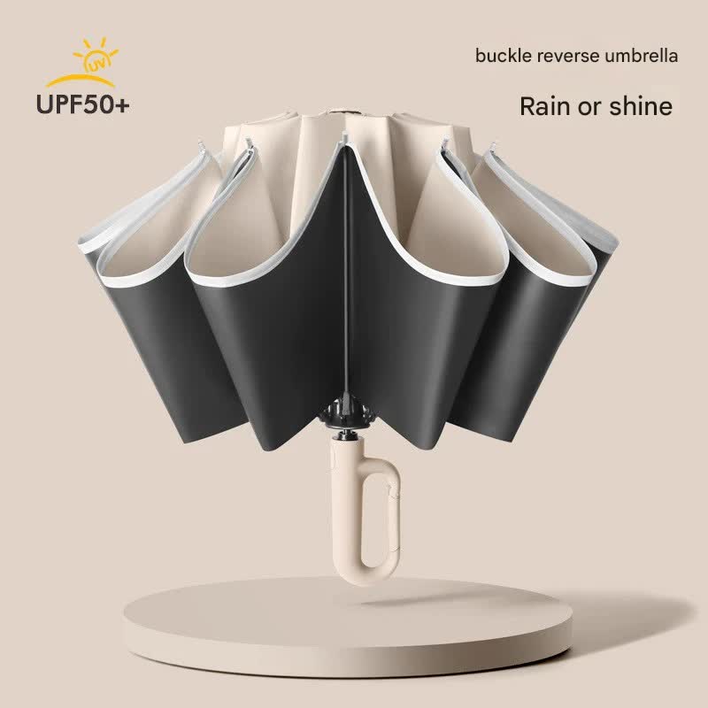 Automatic Open/Close Umbrella with UPF50+ Sun Protection - 10-Rib Windproof Design, Carabiner Handle(Beige)