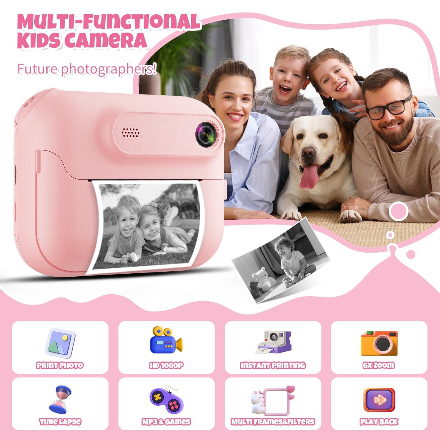 Kids Multi-Functional Camera Toy - Instant B&W Printing & Creative Stickers(yellow)