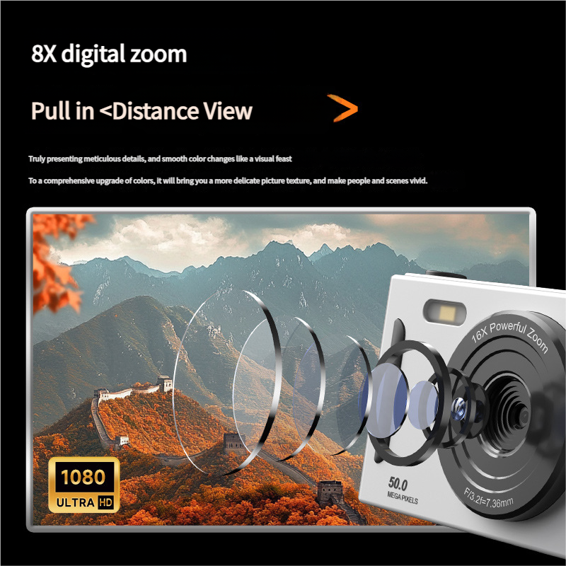 50MP HD Digital Camera with 8X Zoom & Dual Lens System(white)