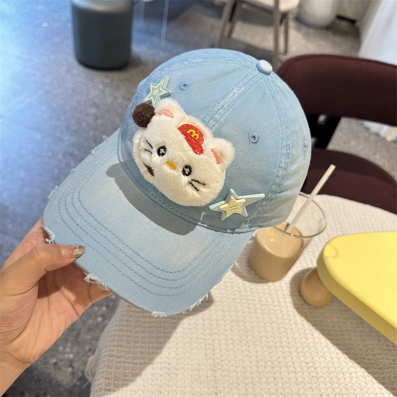 Adorable Cartoon Cat & Stars Baseball Cap - 100% Cotton, Adjustable Fit, Sun Protection(blue)