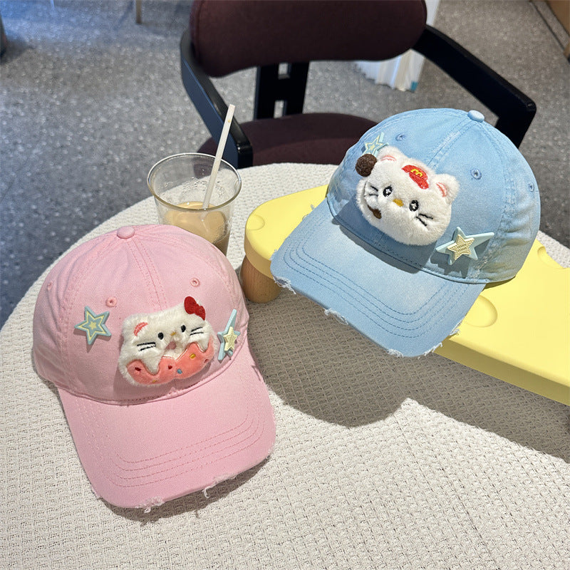 Adorable Cartoon Cat & Stars Baseball Cap - 100% Cotton, Adjustable Fit, Sun Protection(blue)