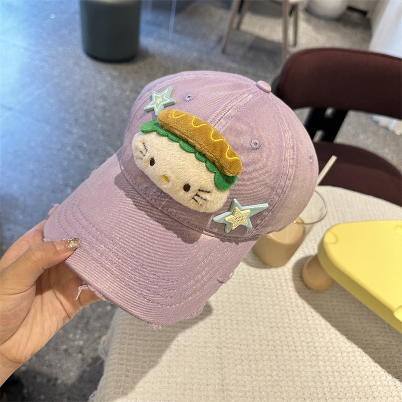 Adorable Cartoon Cat & Stars Baseball Cap - 100% Cotton, Adjustable Fit, Sun Protection(purple)