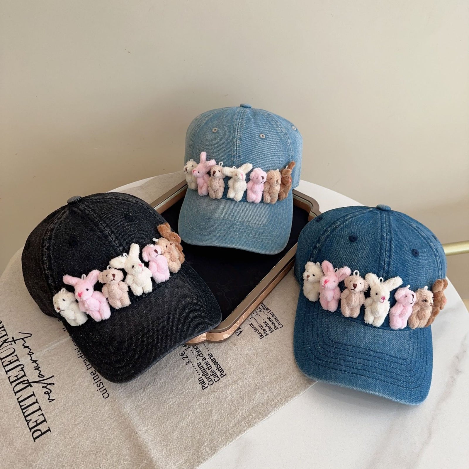 Whimsical Plush Bunny Row Denim Baseball Cap - Adjustable, Sun Protection, Breathable Comfort(Light Blue)