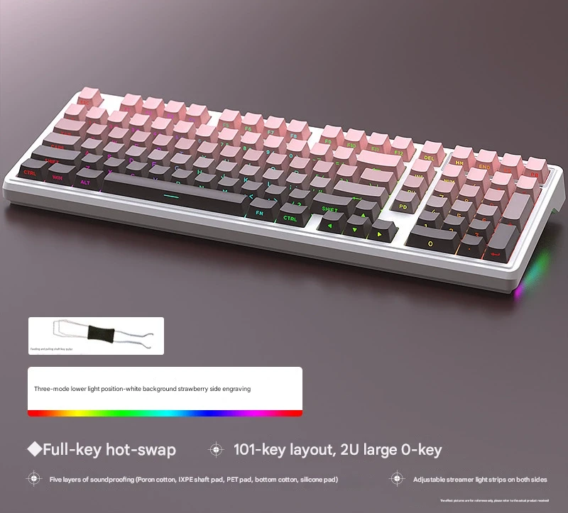 Tri-Mode RGB Mechanical Gaming Keyboard - 102-Key, Hot-Swappable, 4000mAh Battery, 5-Layer Sound Dampening(Strawberry on white)