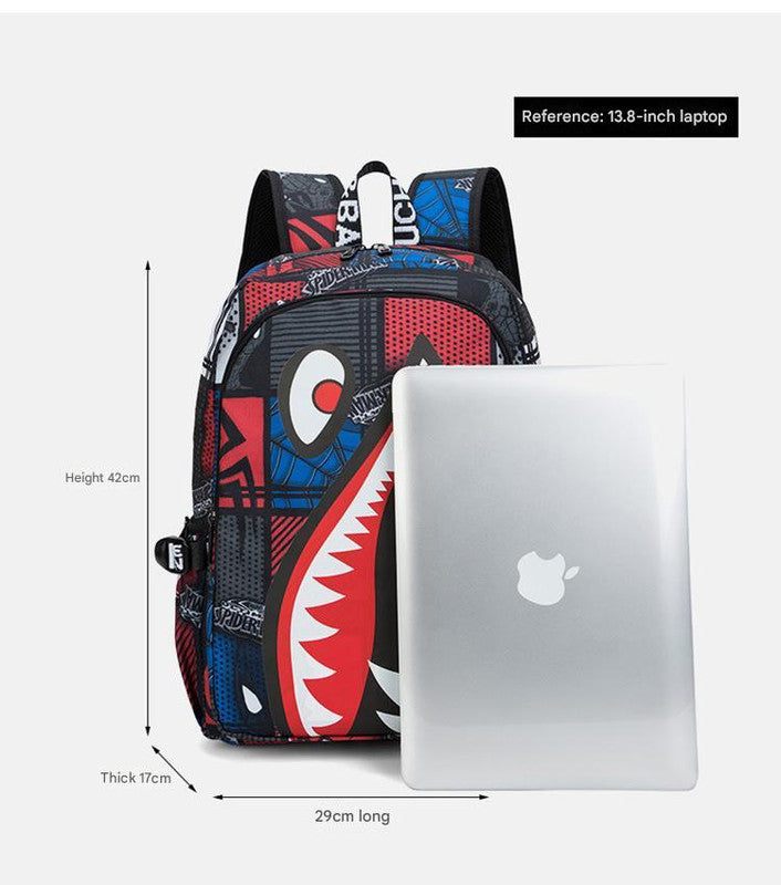 Trendsetter Shark Mouth Print Backpack - Lightweight & Breathable School Bag(Red spider)