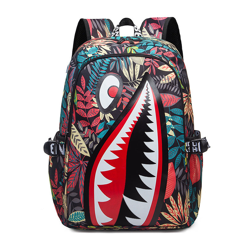 Trendsetter Shark Mouth Print Backpack - Lightweight & Breathable School Bag(Red leaves)
