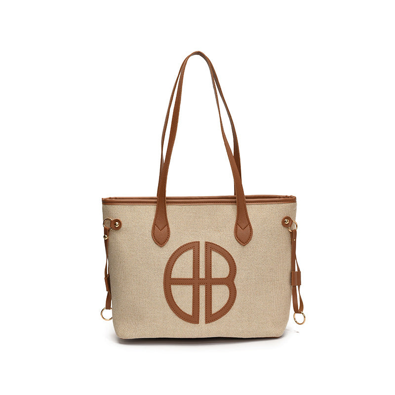 Stylish Large Capacity Tote Bag with PU Leather Trim & Logo Detail(Beige with brown)
