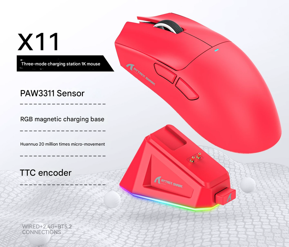 High-Performance Tri-Mode Wireless Gaming Mouse - 22000 DPI, Rechargeable, with RGB Charging Dock(red)