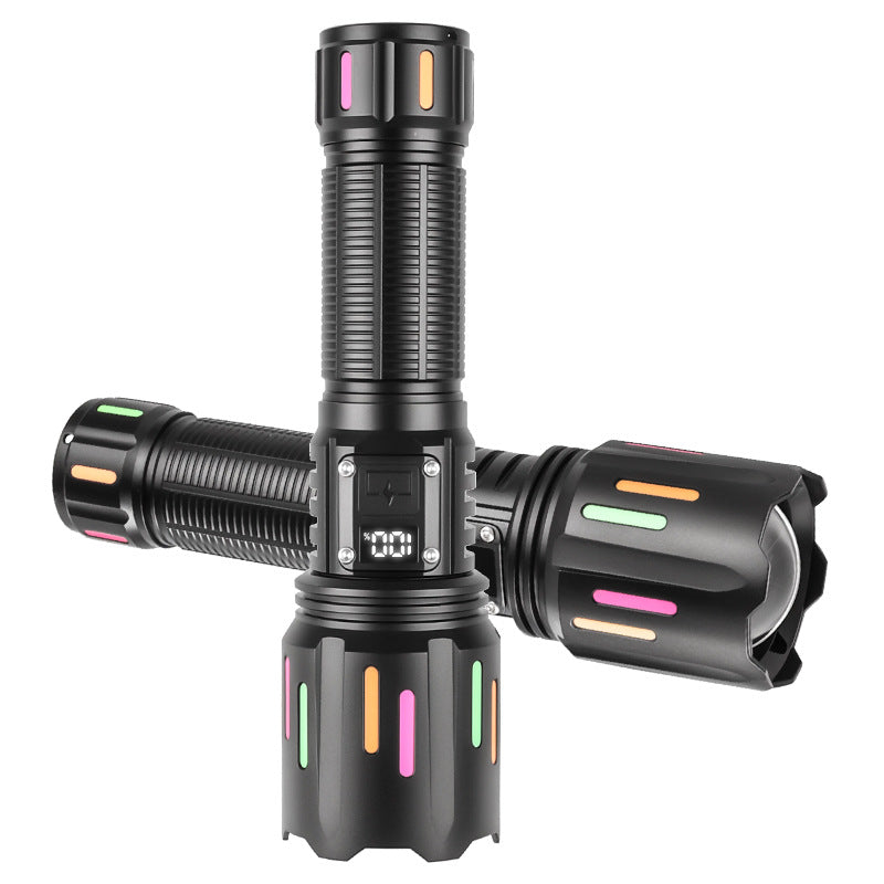 30W High Brightness LED Flashlight with Digital Display & Fluorescent Design - USB Rechargeable, 800-1200M Range(black+One 26650 battery)