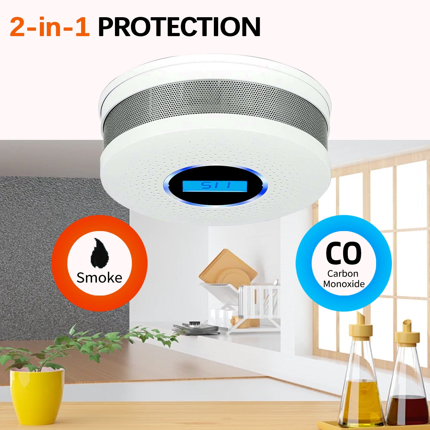 2-in-1 Smoke & Carbon Monoxide Detector with LCD Display - Real-Time Monitoring & Loud Alarm(White)