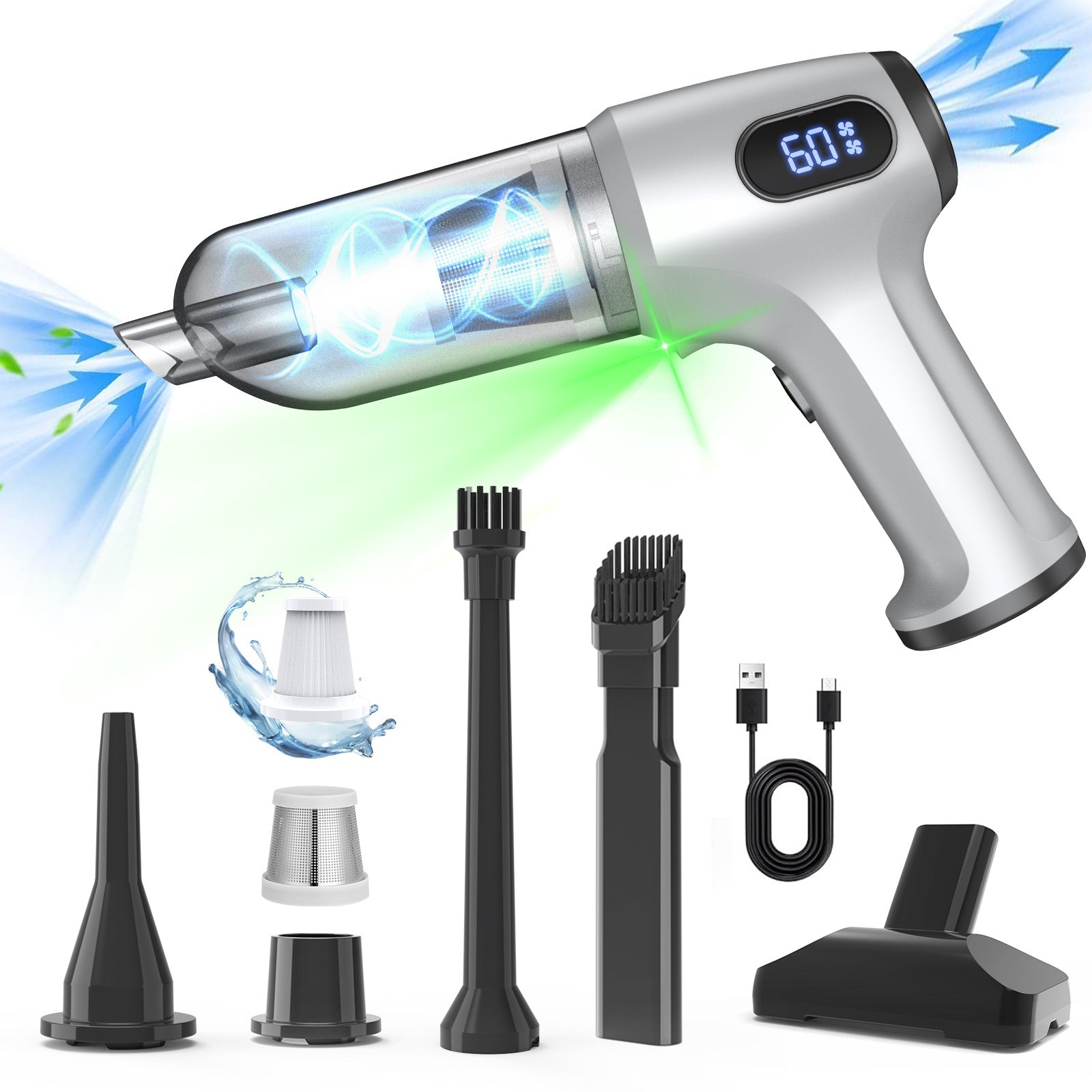 2-in-1 Cordless Handheld Vacuum & Air Duster - 12000Pa Suction, 70000 RPM, LED Light, USB-C Rechargeable(Silver)