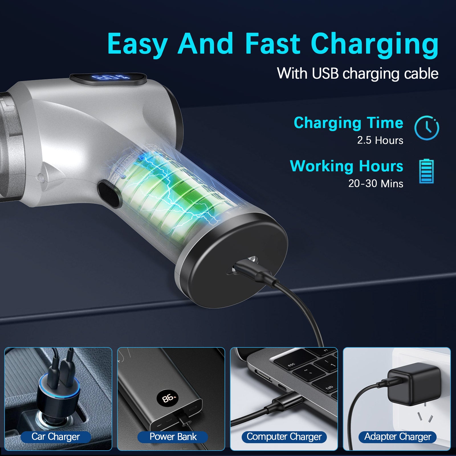 2-in-1 Cordless Handheld Vacuum & Air Duster - 12000Pa Suction, 70000 RPM, LED Light, USB-C Rechargeable(Silver)