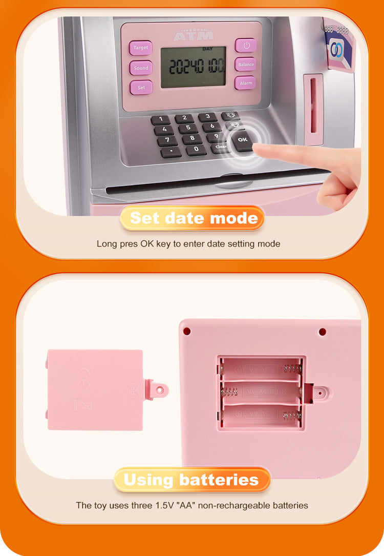 Kids Electronic ATM Savings Bank - Digital Piggy Bank with Password, Auto Roll-in Banknotes & Coin Slot for Financial Learning Fun(pink)