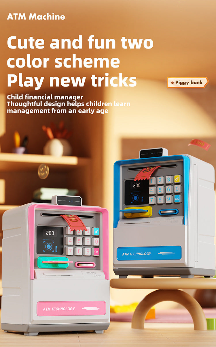 Kids Electronic ATM Piggy Bank with Simulated Facial Recognition & Password - Auto Roll-in Banknote & Coin Money Box for Financial Learning(pink)