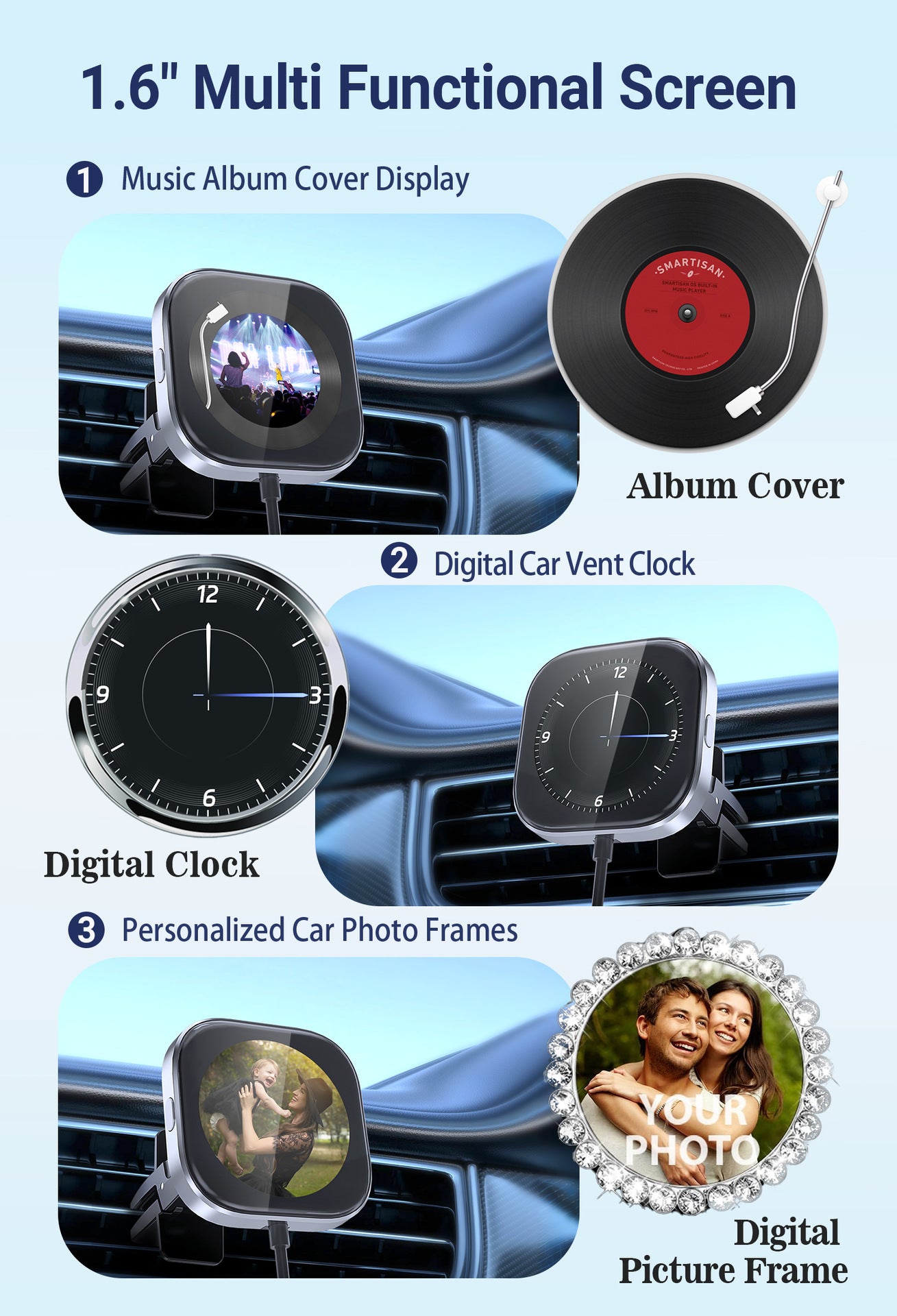 Wireless CarPlay Adapter with 1.6" Multi-Functional Screen, Car Diffuser & 360 Vent Clip(silver)