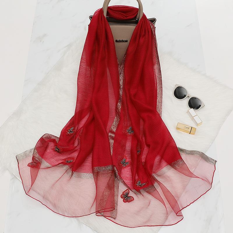 Elegant Butterfly Embroidered Scarf Shawl - Large Soft Silk Blend Wrap for Women(Red)