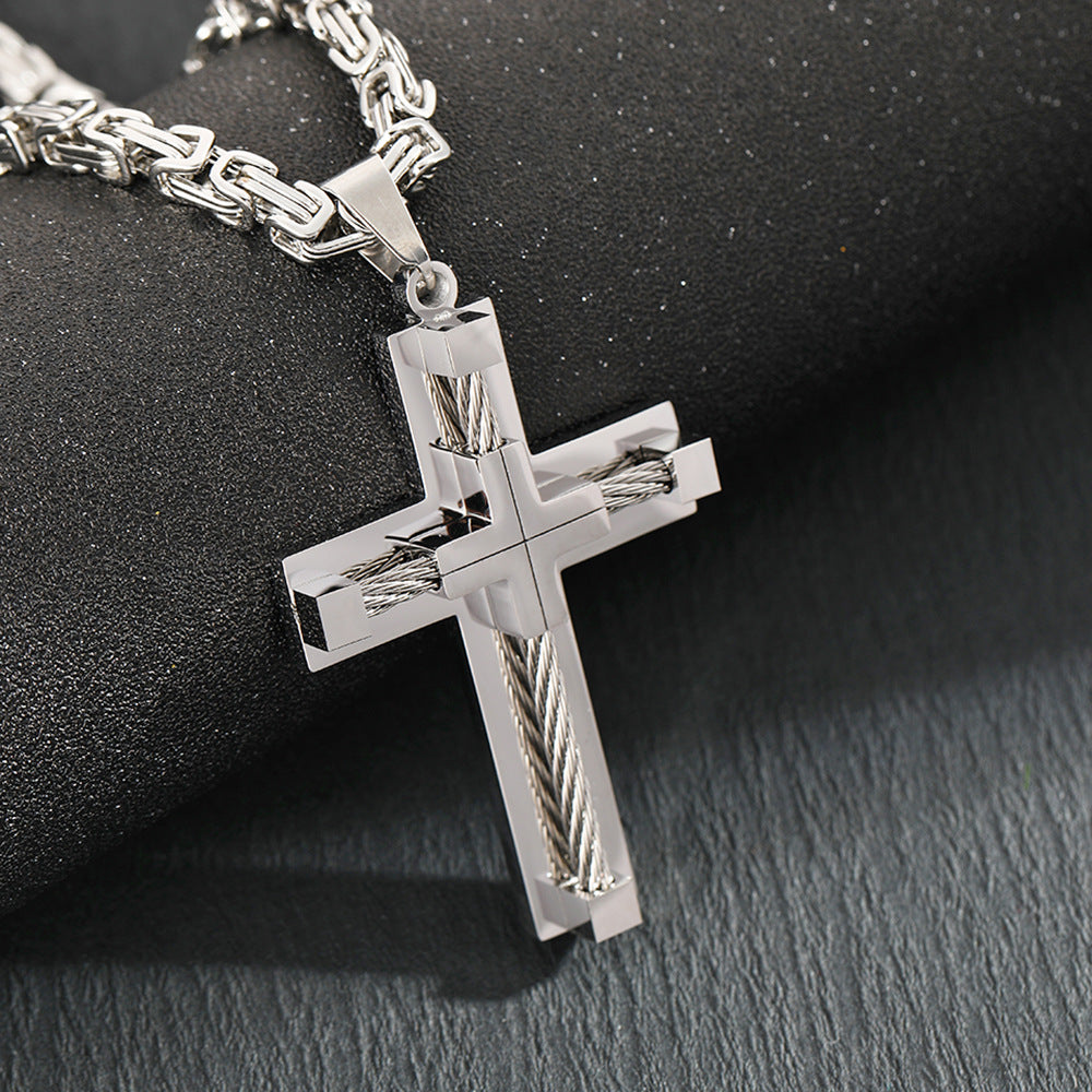 Men's Stainless Steel Layered Cross Pendant with Byzantine Chain - Fashion Statement Necklace(silver)