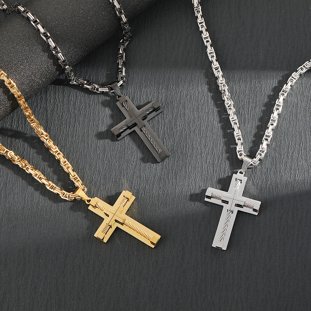 Men's Stainless Steel Layered Cross Pendant with Byzantine Chain - Fashion Statement Necklace(black)