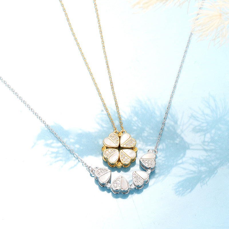 S925 Sterling Silver 2-in-1 Magnetic Convertible Clover to Hearts Pendant Necklace(Platinum)