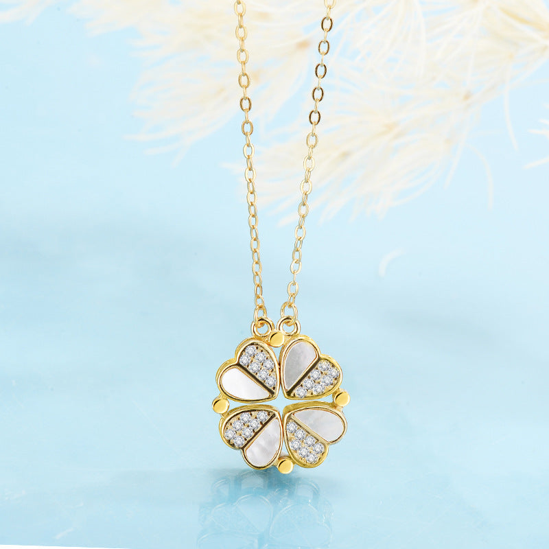 S925 Sterling Silver 2-in-1 Magnetic Convertible Clover to Hearts Pendant Necklace(Platinum)