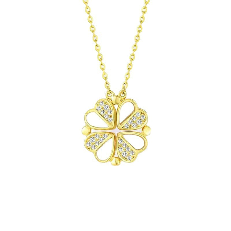 S925 Sterling Silver 2-in-1 Magnetic Convertible Clover to Hearts Pendant Necklace(Platinum)