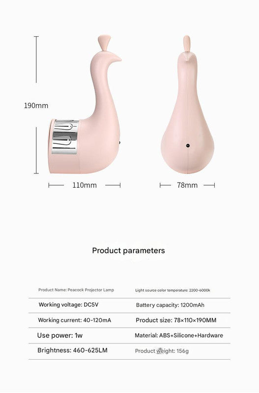 Peacock Projection LED Night Light - Multi-Color Atmosphere Lamp with Remote & Touch Control, USB Rechargeable(pink)