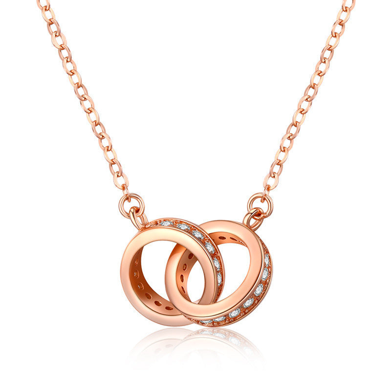 2pc Elegant Interlocking Rings Pendant Necklace with Zirconia Accents - Copper Base, Minimalist Jewelry(Rose gold)
