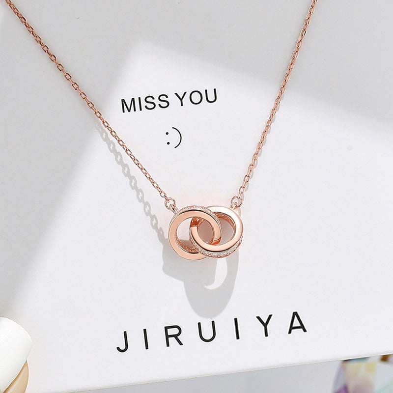 2pc Elegant Interlocking Rings Pendant Necklace with Zirconia Accents - Copper Base, Minimalist Jewelry(platinum)