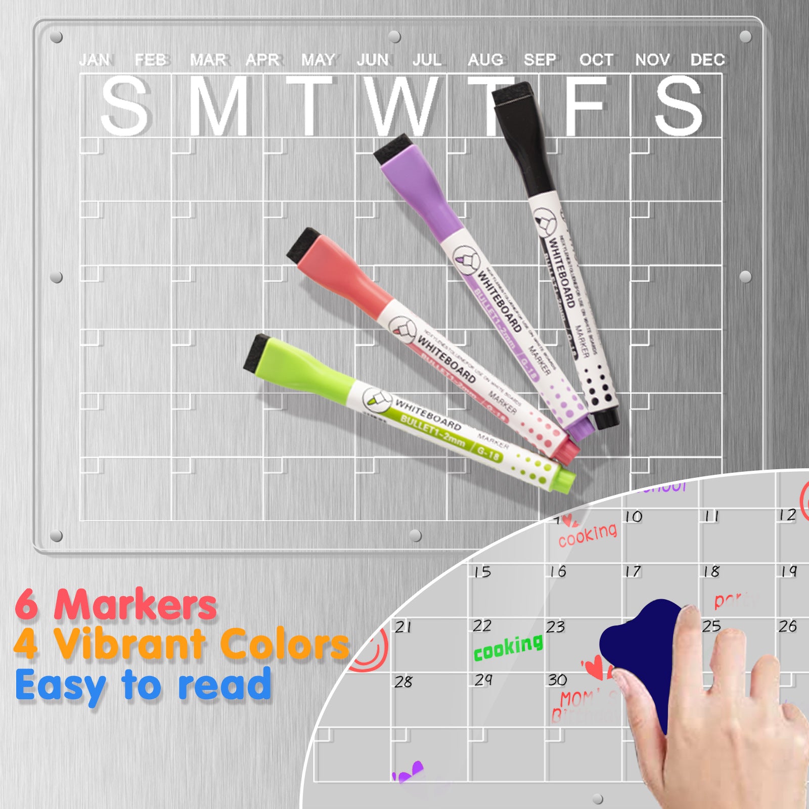 Magnetic Acrylic Fridge Calendar & Memo Board Set - Dry Erase Planner with Markers & Eraser(43*30cm 3mm)