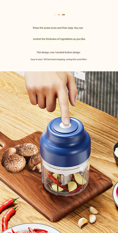 Powerful Mini Electric Food Chopper - USB Rechargeable Cordless Garlic & Meat Mincer(Blue 320ml + 6-blade knife)