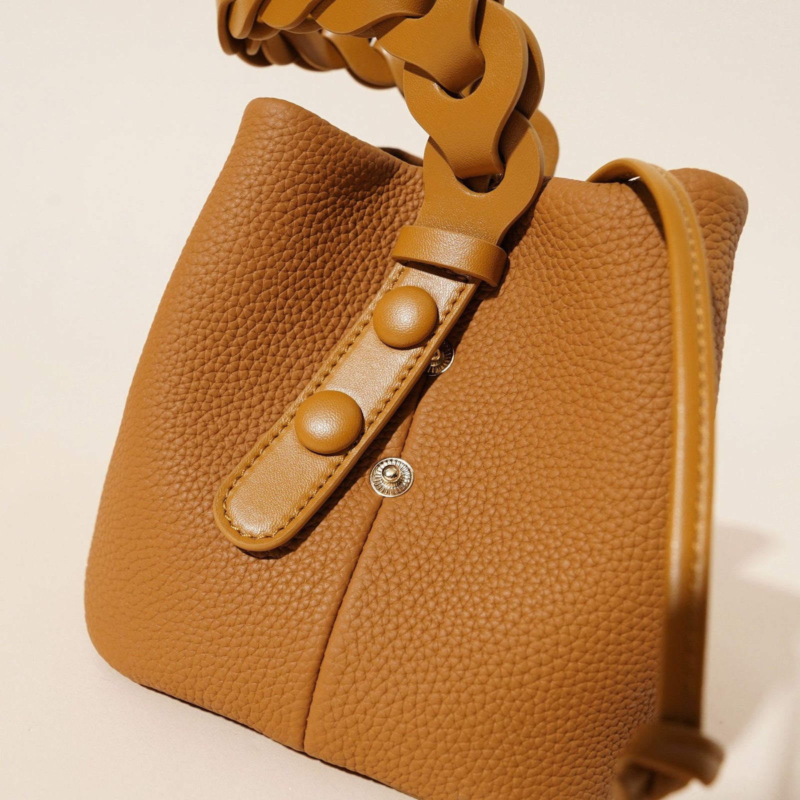 Genuine Leather Mini Bucket Bag with Braided Handle - Chic Drawstring Crossbody Purse(Biscuit)