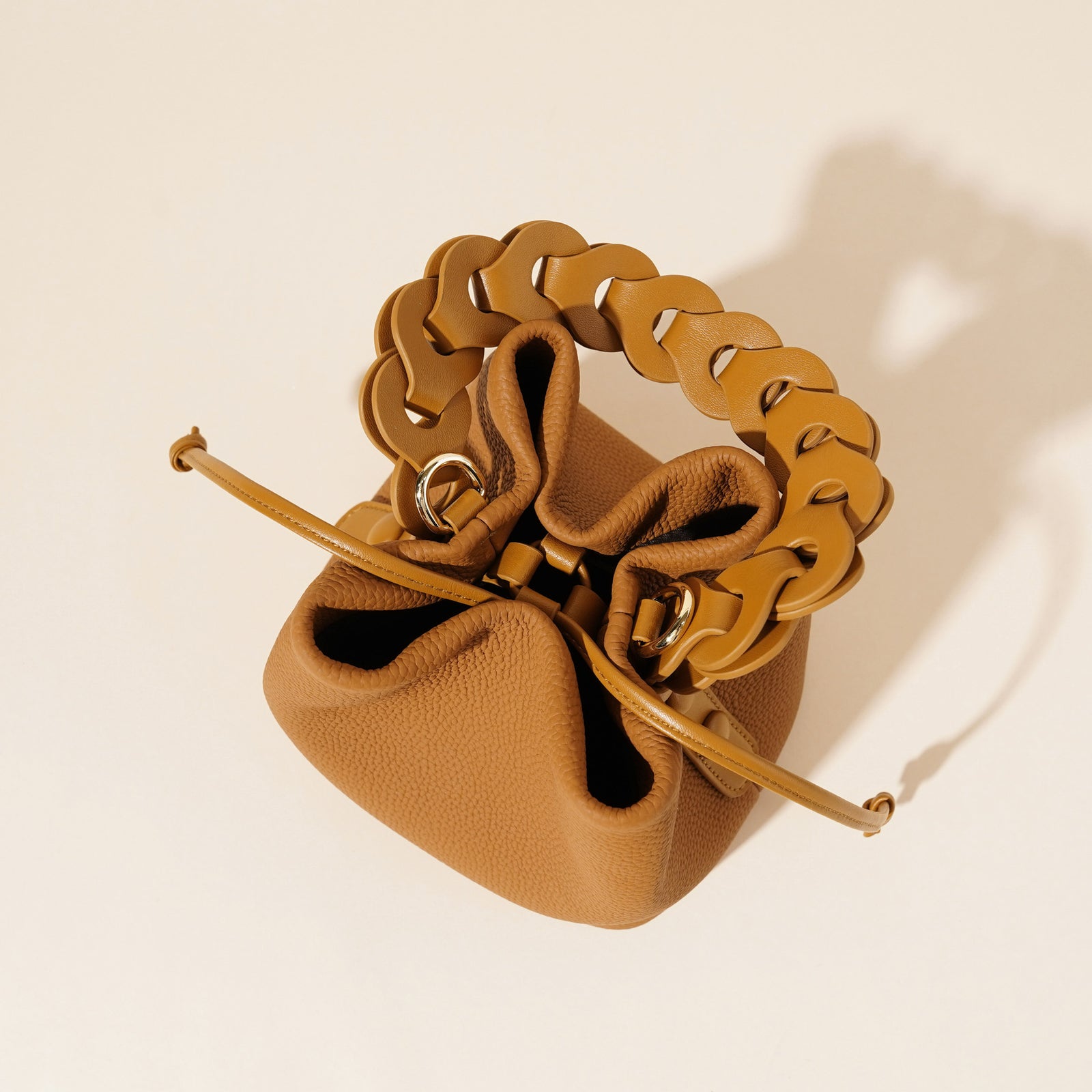 Genuine Leather Mini Bucket Bag with Braided Handle - Chic Drawstring Crossbody Purse(Biscuit)