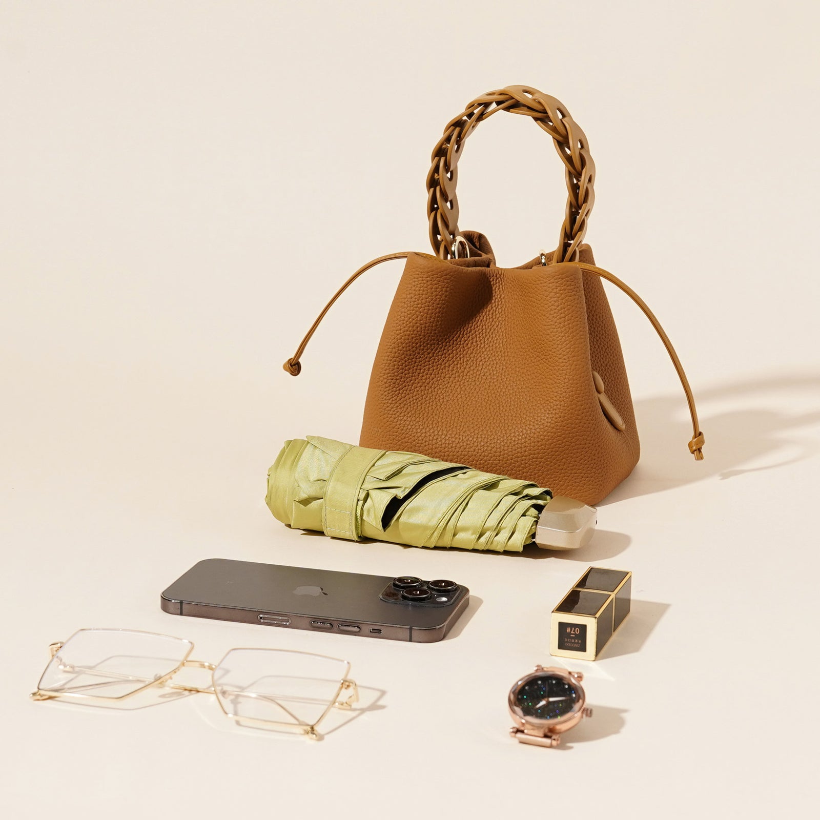 Genuine Leather Mini Bucket Bag with Braided Handle - Chic Drawstring Crossbody Purse(Biscuit)