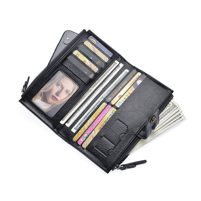 Black Men's Vintage PU Leather Long Wallet - High Capacity Dual Zipper Clutch with Phone & Card Slots
