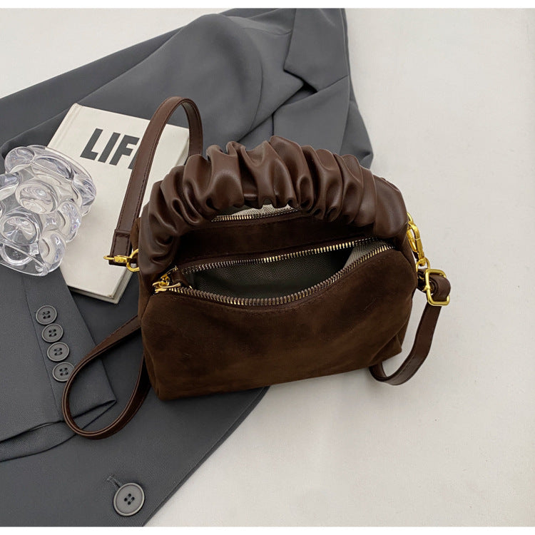 Coffee Chic Ruched Handle Crossbody Bag - Womens Faux Suede Top Handle Handbag with Detachable Strap