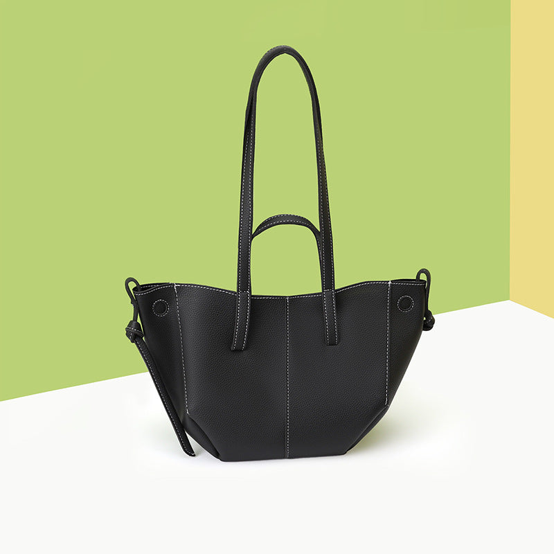 Black Chic Minimalist PU Leather Tote Bag - Women's Versatile Shoulder Handbag with Contrast Stitching